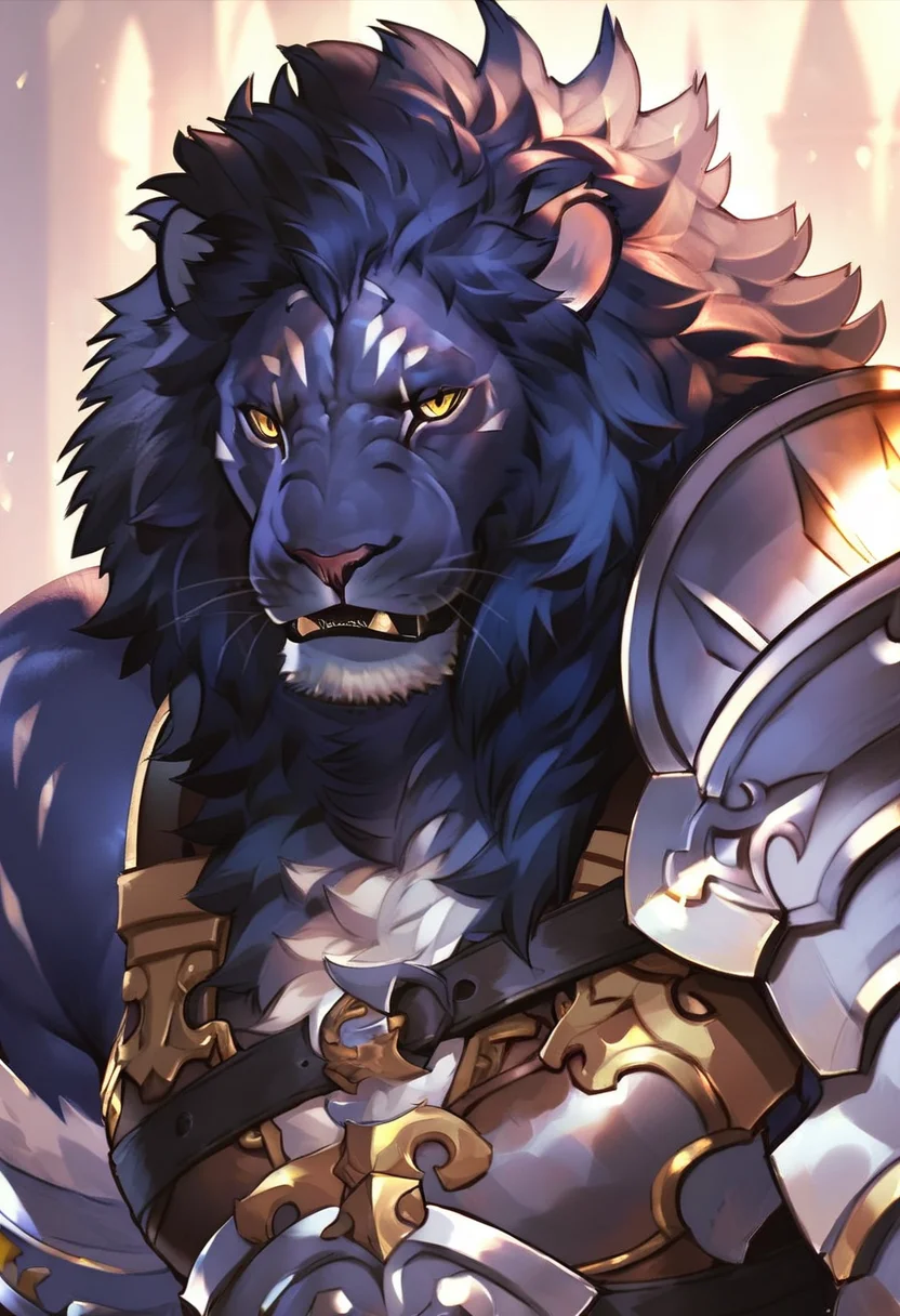 <lora:SetusLawPony1.0:0.8> setus law, 1boy, male focus, furry male, solo, armor, yellow eyes, looking at viewer, lion, fangs, score_9, score_8_up, score_7_up, score_6_up, looking at viewer,