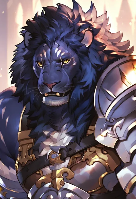 <lora:SetusLawPony1.0:0.8> setus law, 1boy, male focus, furry male, solo, armor, yellow eyes, looking at viewer, lion, fangs, score_9, score_8_up, score_7_up, score_6_up, looking at viewer,