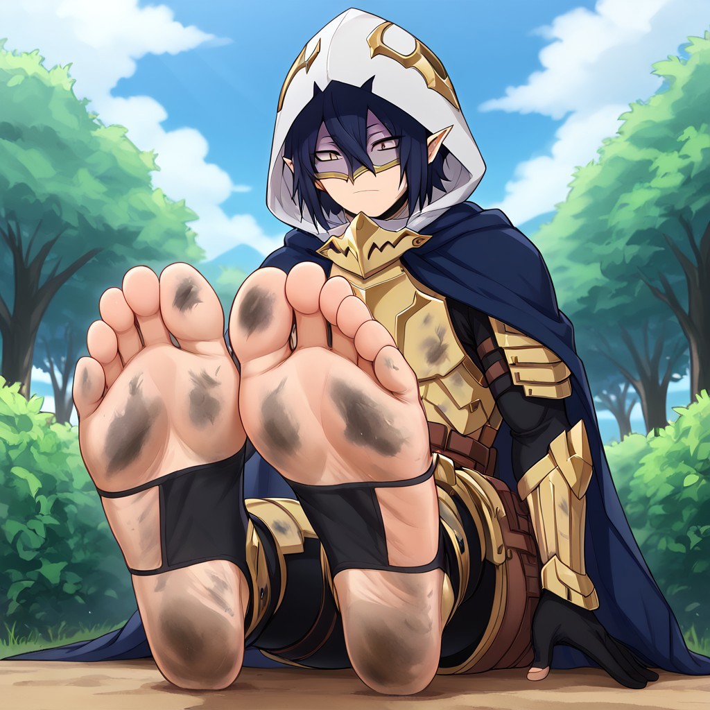 masterpiece, best quality, sharp aliasing, highly detailed, blue cape, armour, black gloves, outdoors, day, muddy ground, tree, bush, barefoot, toeless legwear, armoured legwear, stirrup legwear, 5 toes, Quality, High Definition, Full body view, solo, Tamaki Amajiki, pointy ears, dark blue hair, hair between eyes, hood, mask, male, male body, feet focus, feet, soles, dirty feet, sitting