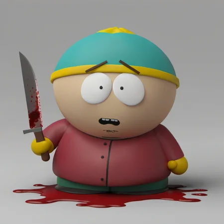 cartman holds a knife, horro scene, blood splashes <lora:SouthPark3D1024-000315:0.8>