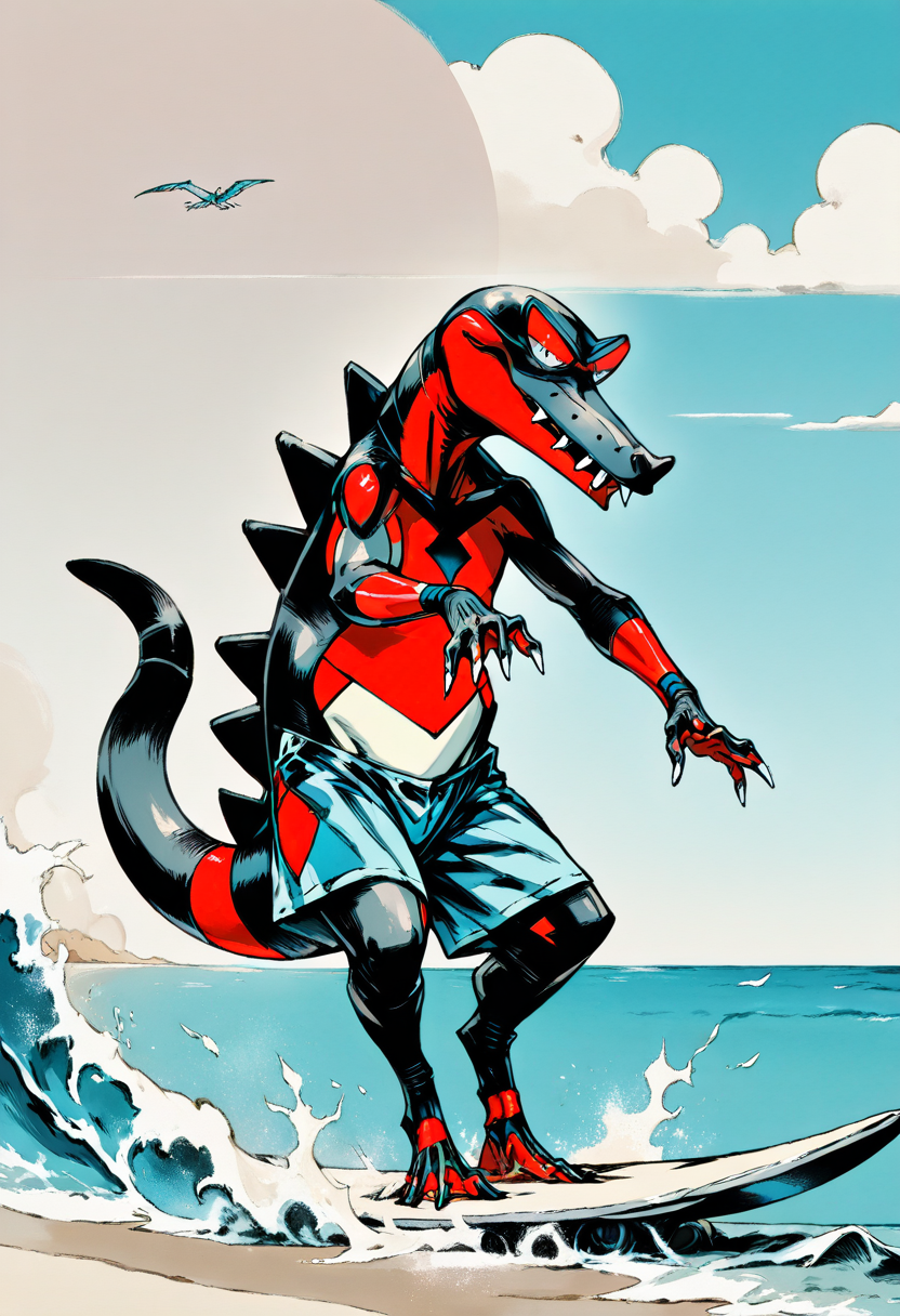 yshinkawa, anime, highly-detailed, best quality, masterpiece, newest, very aesthetic, 1boy, Krookodile (Pokémon), sexy pose, seductive look, wearing surf shorts, surfing, ocean, beach