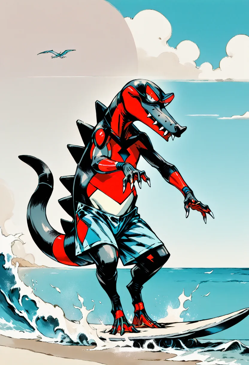 yshinkawa, anime, highly-detailed, best quality, masterpiece, newest, very aesthetic, 1boy, Krookodile (Pokémon), sexy pose, seductive look, wearing surf shorts, surfing, ocean, beach