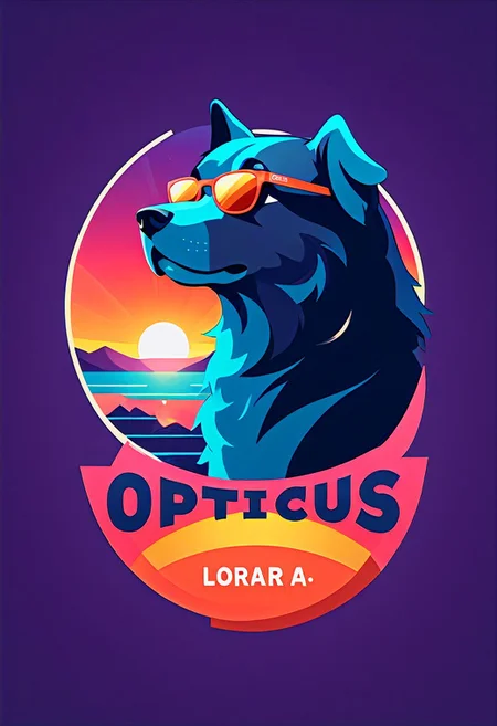 logomkrdsxl, dog in 80s sports sunglasses, circular logo, sunset, retro, vector, text "OPTICUS", <lora:logomkrdsxl:0.8>, best quality, masterpiece, vibrant colors, digital art, logotype, 8 k post - processing, smooth, clear lines, sharp focus, winning award masterpiece, logo, simpel, white background