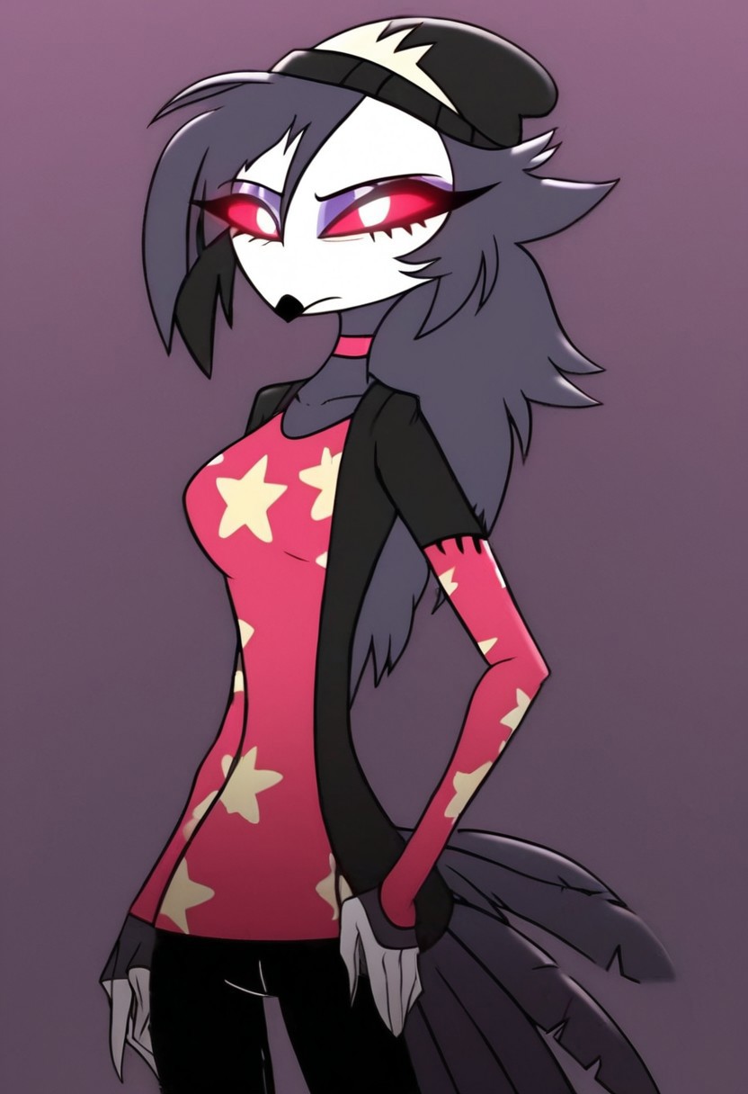 octavia, owl, 2D, black beanie, white skin, beak red sclera, simple background, perfect, masterpiece, 4K, high quality, white pupils, gray hair, female, 2d, cartoon, big boobs, huge boobs, large breasts, facing viewer, eyelashes, purple eyeshadow, pink collar, pink shirt, feather tail, yellow stars, black jacket, white claws, black palms, glowing eyes, looking at viewer, female, anthro, cartoon, standing, black pants, skinny, Expressiveh,