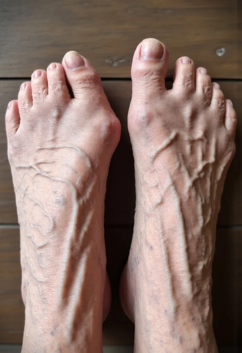 age spots, textured surface. octogenarian feet. The subject's feet are wrinkled and aged, which are positioned symmetrically and centrally in the frame. The person's feet are wrinkled and there are copious bunions and lumps. The person's skin is a pale tone, likely belonging to an older woman
