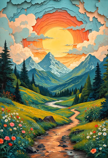 A papercut layer art, 3d art, A country road, grassy hill, a setting sun, clouds, mountains, flowers, trees, river, each elements in it's own layers