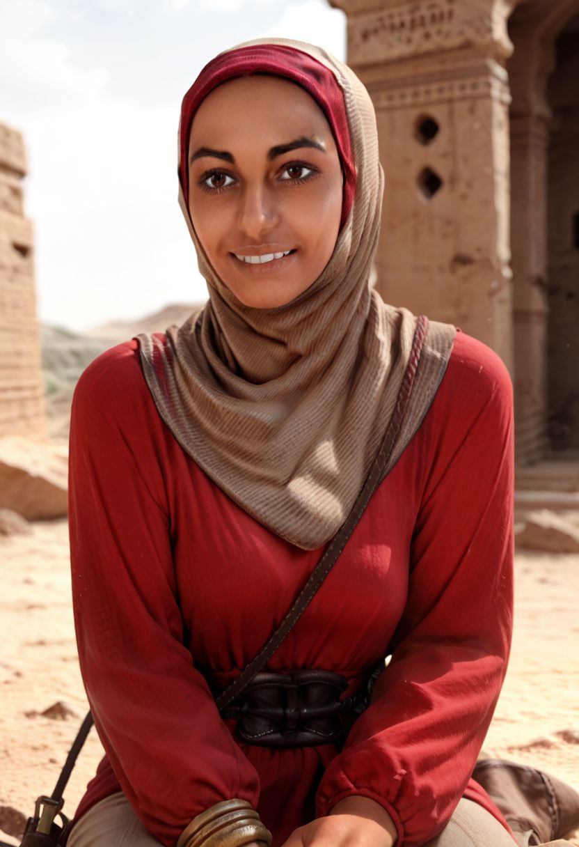 score_9_up, score_8_up, score_7_up, score_6_up, score_5_up, score_4_up, solo, 1girl, Dania_jawad, hijab, brown eyes, sitting in ancient ruins in a desert, smile