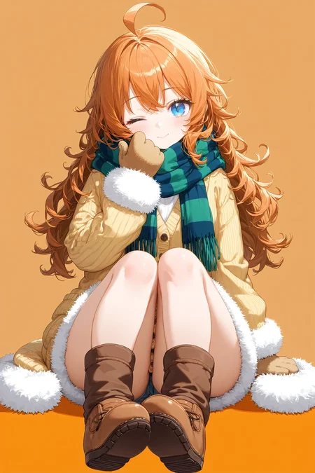 1girl, solo, ahoge, blue eyes, brown footwear, brown mittens, cardigan, fur trim, fur-trimmed sleeves, green scarf, hand up, long hair, looking at viewer, mittens, one eye closed, orange background, orange hair, scarf, shoes, sitting, striped clothes, striped scarf, wavy hair, yellow cardigan, masterpiece, best quality