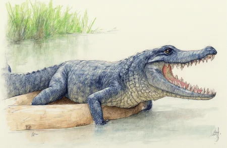 Sharp image of a rough sketch, rendered in vibrant multi colour ballpoint pen, capturing the adorable features of a close-up of a crocodile resting on a log in a body of water. The crocodile is facing towards the right side of the image and its mouth is open wide, revealing its sharp teeth. Its body is covered in black scales and its eyes are dark and alert. The background is blurred, but it appears to be a natural setting with green vegetation and water. p3nsk, <lora:p3nsk:1>