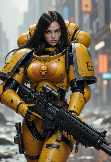 ImperialF40k, female space marine wearing a power armor, her long hair is black, she's holding a machine gun, <lora:FluxImperialF40k:1> <lora:aidmaHyperrealism:0.5> aidmaHyperrealism
