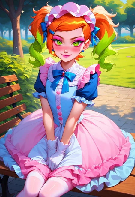 score_9, score_8_up, score_7_up, source_anime , 1girl, gwen tennyson (/Ben10)/, (ultra HD quality details), bright orange hair, pastel hair, long twintails, girly twintails, hair bows, multiple hair bows, very long hair, gradient hair, multicolored hair, pastel streaked hair, masterpiece, best quality, absurdres,
(pastel theme, lolitafashion:1.2), pastel lolitafashion, sweet lolitadress, pink shiny lolitadress, victorian dress, kawaii, cute, moe, puffy pink dress, petticoat, puffy sleeves, pastel colors, pastel pink, pastel blue, frilled bell skirt, pastel pantyhose, pastel dress, puffy sleeves, gloves, pastel headdress, many bows, multiple bows, ribbons, frills, frilled fabric, center frills, sparkles, glitter, cute lolitashoes,
lipstick, long eyelashes, eyeshadow, eyeliner, mascara, blush, pastel makeup,
outdoors, nature, park, park bench,
(solo:1.2), sitting, on bench, full body, dynamic pose, dutch angle, looking at viewer, v arms, half-closed eyes, happy smile, closed mouth,
intricate, highly detailed, majestic, shallow depth of field, movie still, circular polarizer