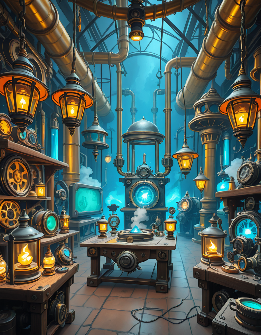 A highly detailed and immersive gnome workshop inspired by World of Warcraft, filled with intricate mechanical devices, glowing gadgets, and arcane-infused machinery. The workshop is cluttered with blueprints, gears, and steam-powered contraptions, creating a vibrant steampunk-fantasy aesthetic. The lighting comes from flickering arcane lamps, neon-colored tubes, and softly glowing mana crystals, casting a warm yet mysterious ambiance. In the background, large brass pipes, rotating cogs, and suspended platforms form a complex, multi-layered workspace. A large workbench at the center is covered with half-finished inventions, from tiny clockwork creatures to experimental energy weapons. The walls are adorned with schematics, tool racks, and magical energy conduits. The atmosphere feels lively, as if gnome engineers have just stepped away from their latest tinkering project, leaving sparks flying and steam hissing from unfinished experiments. The color palette is a mix of vibrant blues, greens, and metallic hues, enhancing the high-tech yet whimsical charm of gnomish engineering.<lora:SDXLFaeTastic2400:0.4> <lora:extremely_detailed:0.4> extremely detailed,gnome w0rksh0p <lora:gnome_w0rksh0p-i:1>, Masterpiece,best quality,hi res,8k,hi res,8k,award winning,(sharp focus, intricate, highly detailed),