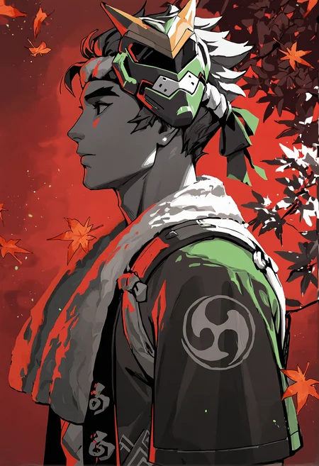 masterpiece, best quality, newest, absurdres, highres, very awa, 1boy, male focus, genji, solo, upper body, nejiri hachimaki, mask on head, happi, towel around neck, mitsudomoe \(shape\), red theme, green theme, (spot color:1.05), maple leaf