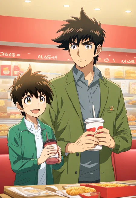 masterpiece,high score,great score,absurdres,goro shigeno,42 years old\(goro shigeno\),daigo shigeno,daigo shigeno\(mifune\),2boys,male focus,holding,shirt,cup,drinking straw,indoors,jacket,open mouth,smile,green jacket,holding cup,food,long sleeves,disposable cup,closed mouth,white shirt,collared shirt,grey shirt,standing,open jacket,looking at another,open clothes,employee uniform,:d,fast food,shop,restaurant,frown,father and son,<lora:Goro_Shigeno_V1-1>,official art,