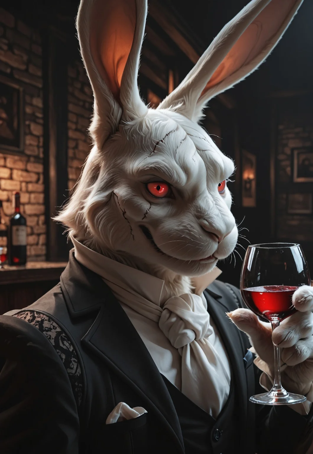 best quality, amazing quality, very aesthetic, absurdres, newest, realistic, photorealism, white_rabbit_dmc, furry, furry male, solo, 1boy, rabbit ears, formal, angry, stitches, red eyes, dark pub background, dutch drinking wine, face focus, upper body