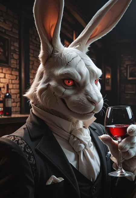 best quality, amazing quality, very aesthetic, absurdres, newest, realistic, photorealism, white_rabbit_dmc, furry, furry male, solo, 1boy, rabbit ears, formal, angry, stitches, red eyes, dark pub background, dutch drinking wine, face focus, upper body