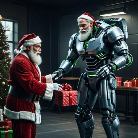 raw photo,cinematic shot,professional photography,a cybermutant santa claus giving a present to a robot elf