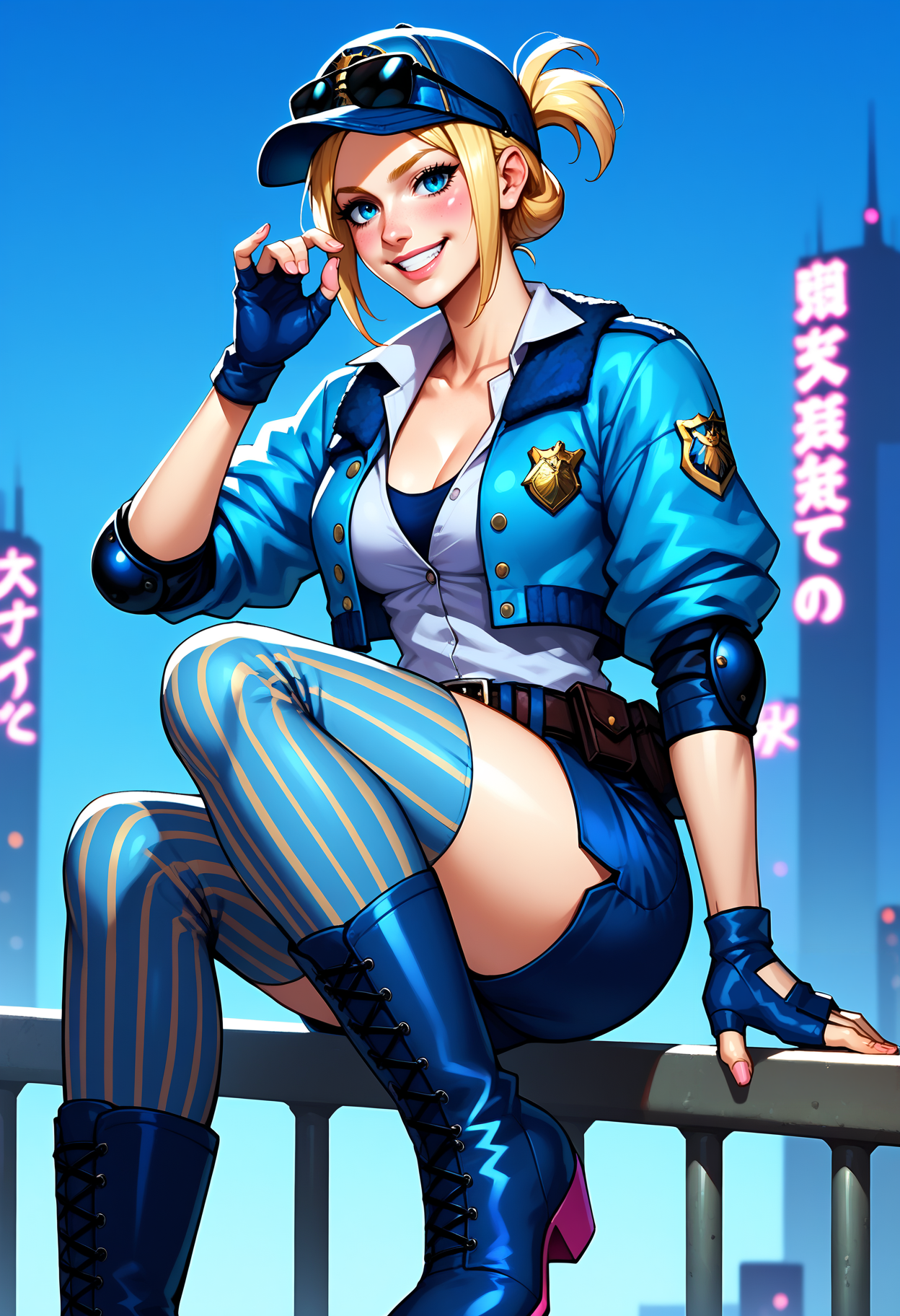 score_9, score_8_up, score_7_up, score_6_up, score_5_up, score_4_up, rating_safe, 1girl, breasts, solo, LuciaSFV, looking at viewer, smile, blush, leaning on rail, (detailed) cityscape background, short ponytail, blonde hair, LuciaSFVOutfit, fingerless gloves, elbow pads, sunglasses on hat, police uniform, shorts, jacket, baseball cap, striped thighhighs, pink soled boots
<lora:Lucia_Morgan_Street_Fighter_VFinal_Fight_3_PONY:0.8>