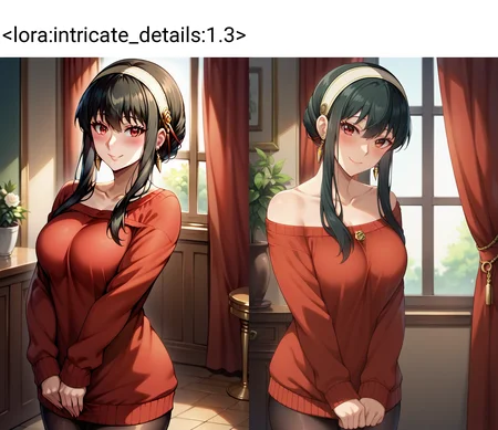 score_9, score_8_up, score_7_up , solo, 1girl, yor briar, spy x family, standing, cowboy shot, looking at viewer, smile, light blush, red sweater, long sweater, black hair, sidelocks, earrings, hair band, black pantyhose, long sleeves, room, v arms, window, indoors,  <lora:intricate_details:1.3> intricate detailsxl, intricate details, many details, high detailed, more details, detailed