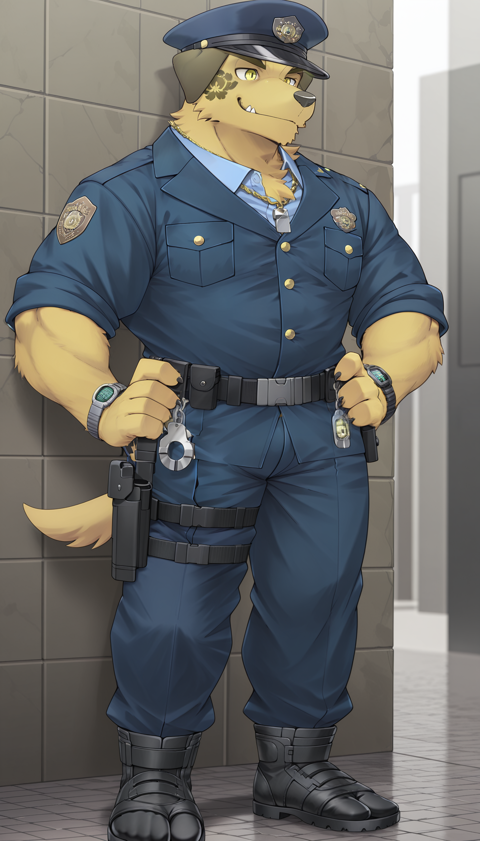 masterpiece, best quality, amazing quality, 1boy, solo,
Nobumichi, dog boy, yellow eyes, police uniform, police hat, blue uniform jacket, blue shirt, chest tuft, silver whistle on necklace, blue pants, black tabi, watch,