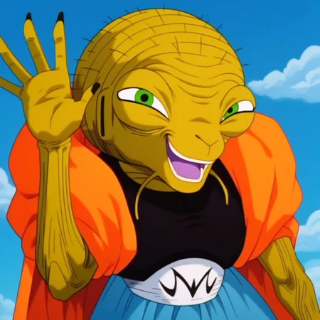 score_9, score_8_up, score_7_up, 1boy, solo, Expressiveh, (BabidiDBZ, alien, green eyes, dark yellow body, dark yellow skin, orange cape, blue gown, black chest piece, open mouth, teeth, purple tongue, smile, waving), cowboy shot, looking at viewer, sky, clouds, simple background, 4k, masterpiece, best quality, highly detailed, realistic