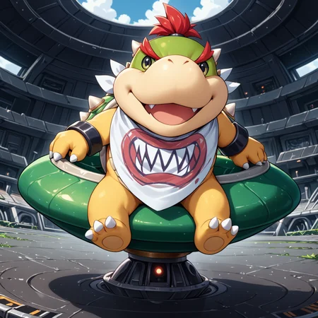 high angle shot,  <lora:Bowser_Jr_XL:.8> bwsrjr, open mouth, teeth, standing on green cup ufo spiked, black pupils, (anime, masterpiece, intricate:1.3), (best quality, hires textures, high detail:1.2), (4k),(incredibly detailed:1.4),UHD, 8K, ultra detailedâââ