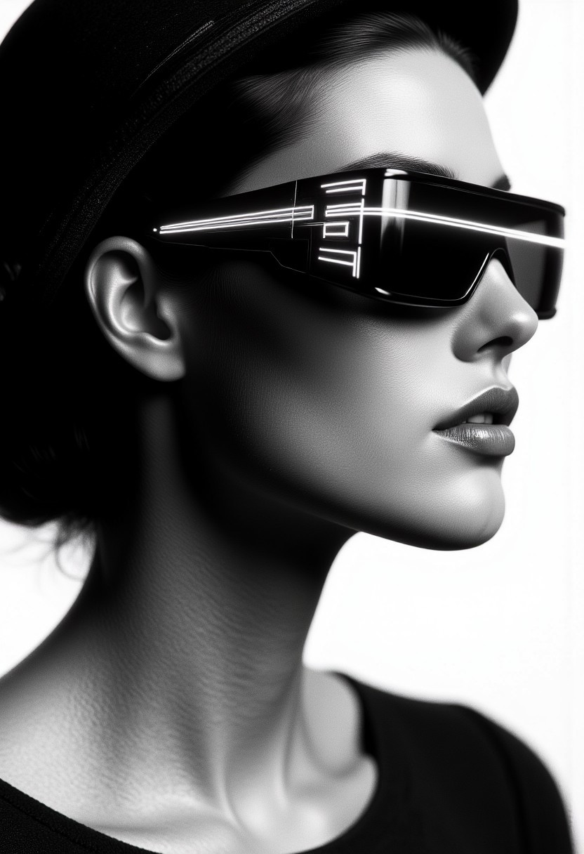 woman in sunglasses and a hat. black and white image, in the style of ray tracing, precision in details, Dmitry Kustanovich, frontal perspective, Nikola petals, close-up shots, bold and bright --ar 14:25 --stylize 750 --v 6