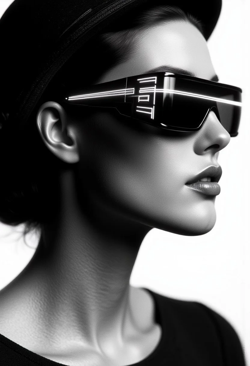 woman in sunglasses and a hat. black and white image, in the style of ray tracing, precision in details, Dmitry Kustanovich, frontal perspective, Nikola petals, close-up shots, bold and bright --ar 14:25 --stylize 750 --v 6
