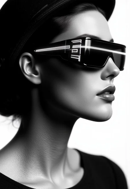 woman in sunglasses and a hat. black and white image, in the style of ray tracing, precision in details, Dmitry Kustanovich, frontal perspective, Nikola petals, close-up shots, bold and bright --ar 14:25 --stylize 750 --v 6