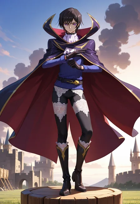masterpiece, best quality, intricate details, (photorealistic:0.6), looking at viewer, 1boy, solo, male focus, <lora:lelouch_lamperouge_ilxl:0.98>, lelouch_lamperouge, black hair, purple eyes, hair between eyes, bangs, short hair, , cape, ascot, gloves, medieval siege, towering castles, wooden siege engines, distant archers, preparing pose, grim expression, smoke-filled skies, Lace Capri pants, Crew neck sweater, Chelsea boots, ,