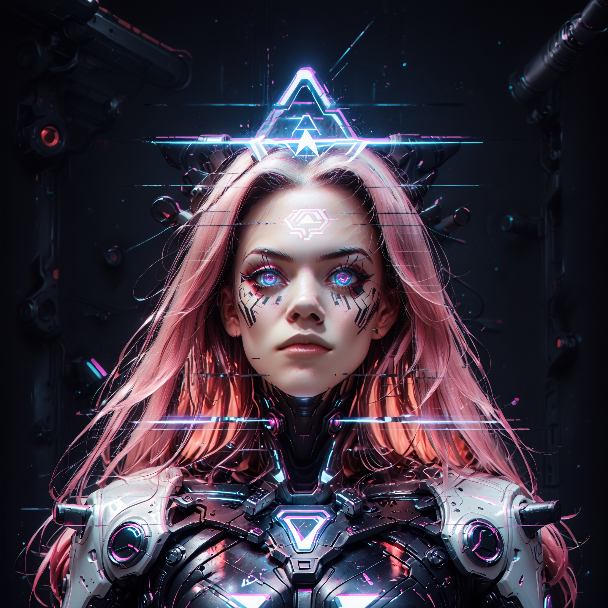 score_9,score_8_up,score_7_up, glitch, d1splaygl1tchl1nes, a glowing (triangle:1.2), (medusa (fate):0.95), cyborg, mecha, breasts, contrapposto, shiny, glamour, makeup, glossy, glowing eyes, anamorphic, science fiction, geometric, cyberpunk style  <lora:Glitch:0.7>  <lora:Display_Glitch_Lines_Effect_PONY_XL_by_UOC:0.7> <lora:futuristic_Concept:0.2> <lora:Cyberpunk_Style:0.2> <lora:TransHumanizm_Concept_PONY_XL_by_UOC:0.4>, (black background:0.8), particles, dust, lines,long hair, forehead mark