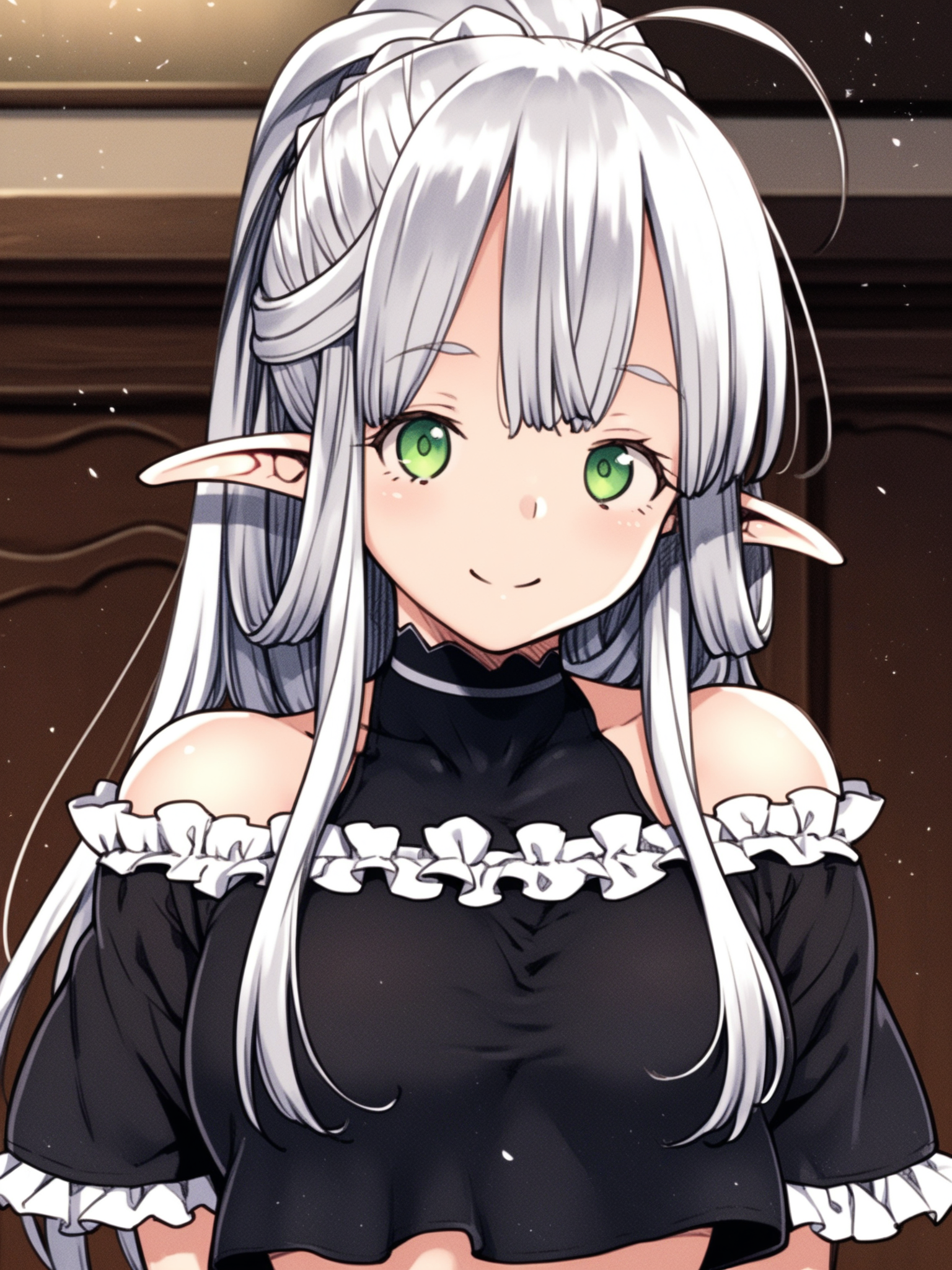 <lora:happy_tentacle-himono_elf-v0.1-000024:1>, ht_himono_elf, green eyes, silver hair, crop top, undershirt, frilled dress, off shoulder, short sleeves, hair over shoulder, indoors , 1girl, solo, portrait , , ( smile :1), , looking at viewer , standing , facing viewer , score_9, score_8_up, score_7_up, score_6_up, score_5_up, score_4_up