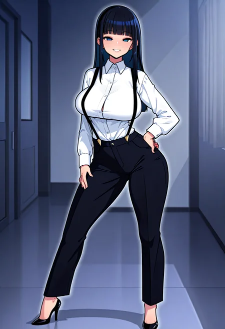 masterpiece, best quality, amazing quality, <lora:chimosakuIL:1> 1girl, black hair, long hair, blue eyes, blunt bangs, large breasts, dress shirt, suspenders, dress pants, high heels, looking at viewer, hand on own hip, smile,