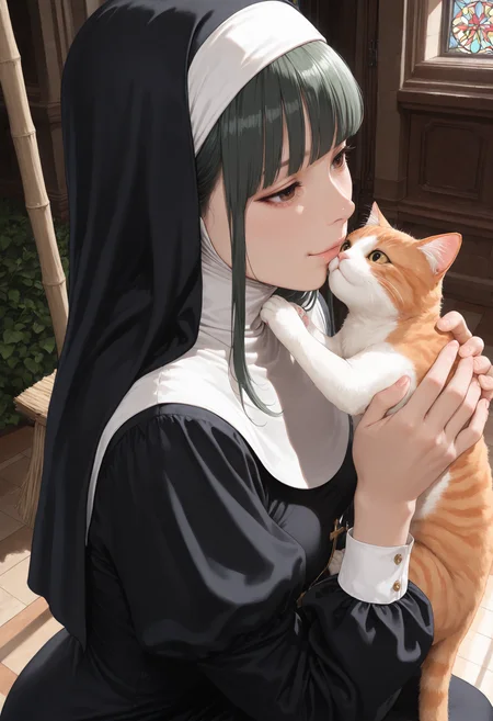 ((realistic, photorealistic, realistic shading)), (masterpiece, best quality, amazing quality), very aesthetic, very cute nun, ultra detailed, highly detailed, intricate details, absurdres, (volumetric lighting, HDR), (three quarter view), upper body, solo, 1girl, japanese, small eyes, nun, dark green hair, twenties, brown eyes, blunt bangs, small breasts, in church, classical nun's outfits, puffed sleeves, broom stick, cat on breasts in arms, holding cat, garden of church, squatting, ((looking at cat )), little smiling, from above, from side