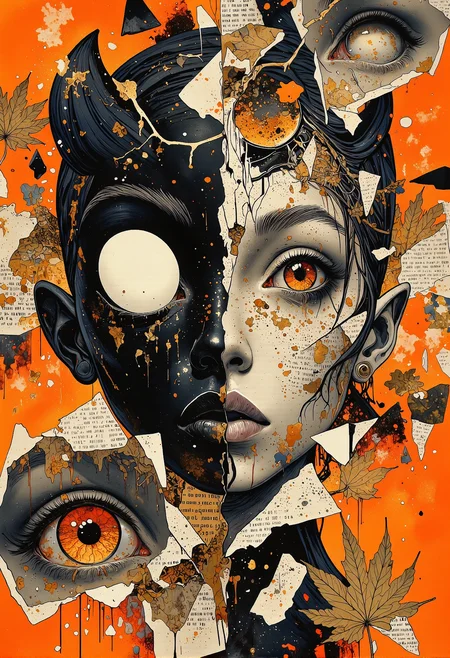 An abstract and surreal composition depicting the head-to-head meeting of two contrasting worlds: a black cartoon monster with oversized, glowing white eyes and a dreamy, real-life woman. The monster, drawn in a simplified, smooth cartoon style, contrasts sharply with the detailed, ethereal appearance of the woman, whose face exudes mystery and depth. The background is a vibrant monochromatic orange, layered with jagged glitch art, fragmented text, and metallic streaks that merge the digital with the analog. Floating shards of splintered glass and mirrors reflect distorted glimpses of both figures, intensifying the theme of fractured reality. Torn pieces of cartoon books and scattered text fragments weave throughout the background, creating a chaotic yet intricate atmosphere. Smudged paint and gritty textures blend with surreal golden accents, such as veins of light and delicately scattered golden field maple leaves, adding an organic touch to the otherwise surreal and otherworldly scene. The juxtaposition of cartoon simplicity and photorealistic detail creates a striking, dreamlike image. <lora:Dever_Flux_Enhancer.safetensors:0.5>, <lora:Elden_Ring_-_Yoshitaka_Amano.safetensors:1.0>, <lora:boFLUX digital-abyss.safetensors:0.3>, <lora:boFLUX AbstractMorph.safetensors:1.0>, <lora:RM_Artistify_v1.0M.safetensors:0.7>,