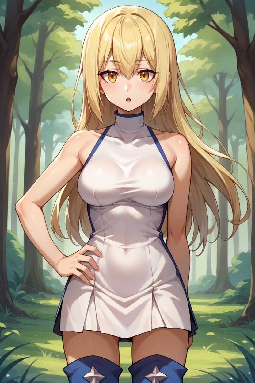 score_9, score_8_up, score_7_up, score_6_up, source_anime, BREAK 1girl, solo  <lora:aiswallenstein-pdxl-nvwls-v1:1> ais wallenstein, white turtleneck, white dress, sleeveless, short dress, thigh boots, medium breasts, hand on hip, chestnut mouth, looking at you, forest