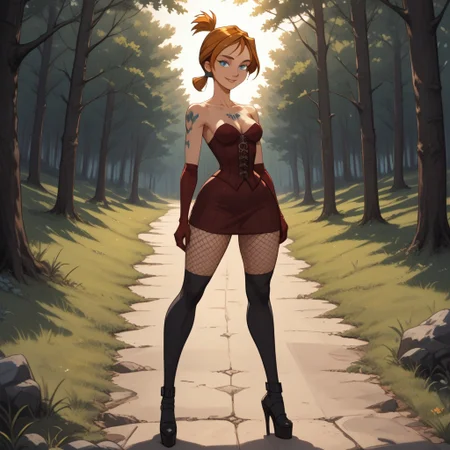score_9, score_8, BREAK, solo, dark red corset, dark red elbow gloves, 1girl, orange hair, short ponytail, blue eyes, black high heels, black knee socks, fishnets, chest tattoo, breasts, total drama, Crimson_(\Total_Drama\), sexy pose, smile, outdoors, sunlight, shadows, evening lighting, natural lighting, forest, trees, grass, orange sky, sunset