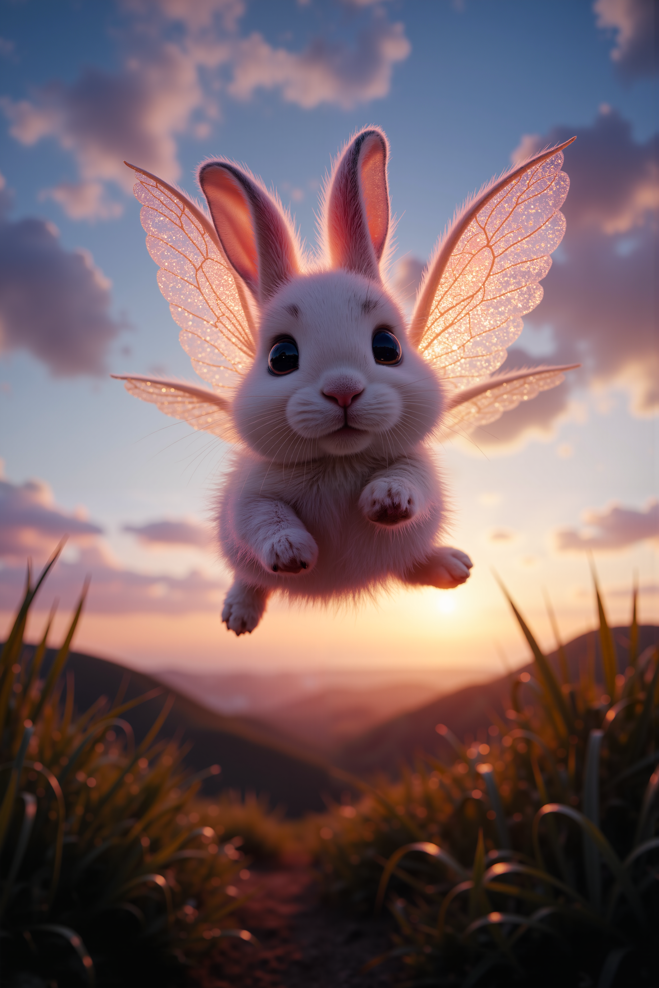 fluorescent, glow, a small, winged rabbit with fur that shimmers like stardust soars through the twilight sky. Its delicate, translucent wings catch the light of the setting sun, glowing with soft hues of pink and gold. Below, rolling hills covered in tall grass stretch out to the horizon, bathed in the last warm rays of the day. The rabbitâs fur ripples as it darts through the air, its large, expressive eyes focused on the distant horizon. The soft texture of its fur contrasts with the sleek, smooth surface of its wings, creating a richly tactile scene. A subtle vignette highlights the rabbitâs effortless flight, as it twists and turns through the sky with joyful grace, bringing a sense of whimsy and freedom to the moment.<lora:aidmaMJ6.1-FLUX-V0.1:0.6><lora:Movie_Portrait><lora:Flux DetailerV2>