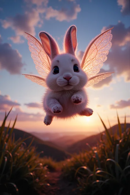 fluorescent, glow, a small, winged rabbit with fur that shimmers like stardust soars through the twilight sky. Its delicate, translucent wings catch the light of the setting sun, glowing with soft hues of pink and gold. Below, rolling hills covered in tall grass stretch out to the horizon, bathed in the last warm rays of the day. The rabbitâs fur ripples as it darts through the air, its large, expressive eyes focused on the distant horizon. The soft texture of its fur contrasts with the sleek, smooth surface of its wings, creating a richly tactile scene. A subtle vignette highlights the rabbitâs effortless flight, as it twists and turns through the sky with joyful grace, bringing a sense of whimsy and freedom to the moment.<lora:aidmaMJ6.1-FLUX-V0.1:0.6><lora:Movie_Portrait><lora:Flux DetailerV2>