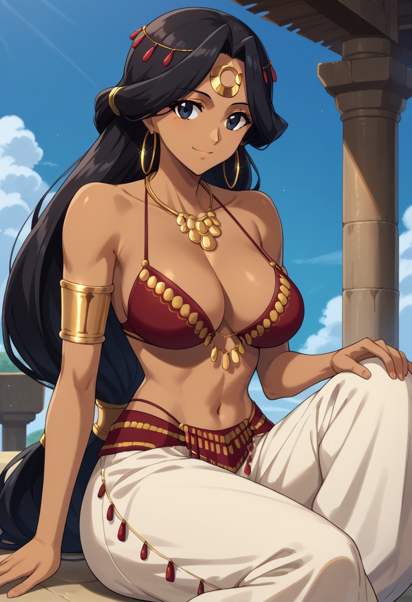 score_9, score_8_up, score_7_up, 1girl, black hair, long hair, black eyes, dark-skinned female, hoop earrings, jewelry, necklace, armlet, bare shoulders, neckline, red bikini, white baggy pants, bare feet, large breasts, blue sky,  looking at viewer, smile, solo, sitting