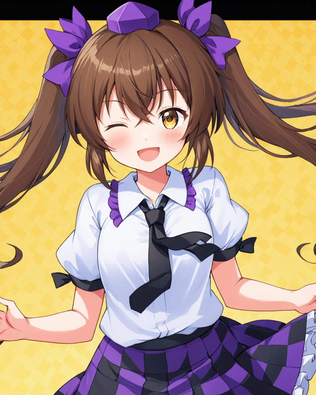 himekaidou hatate,tokin_hat, one_eye_closed, twintails, necktie, open_mouth, checkered_skirt, smile, v, 1girl, solo, shirt, 2girls, short_sleeves, blush
<lora:himekaidou_hatate_image2639_2023-12-20-000010:1>,star-shaped_pupils,symbol-shaped_pupils,. gorgeous,key visual, vibrant, studio anime,award-winning, professional, highly detailed,high budget, cinemascope