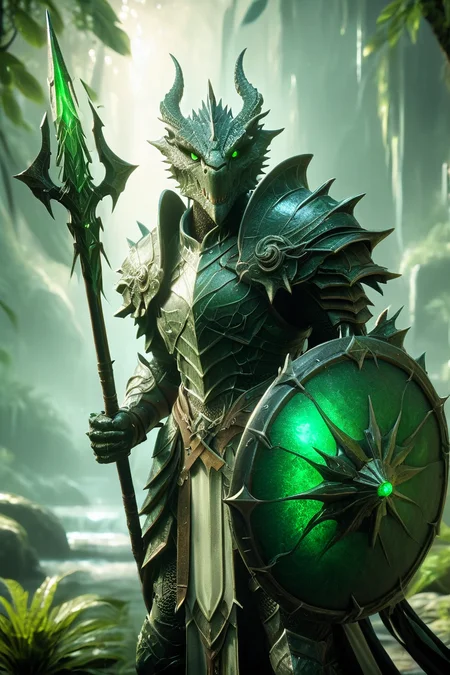a cinematic shot of a dragon warrior and holding a green glowing spear and a shield, fantasy jungle in background, reflective light, hkstyle, HD, masterpiece, best quality, hyper detailed, ultra detailed, super realistic