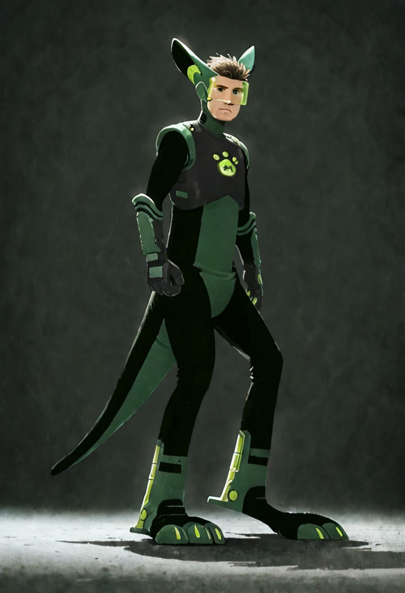 score_9, score_8, score_7, score_6,
1boy, solo,
chris, male, kangaroo suit, green suit, human, brown eyes, green visor,
simple background, looking at viewer, full body, dynamic pose,
masterpiece, detailed, realistic, extremely detailed, male focus, solo focus,
source_anime,
knva, cyber armor,