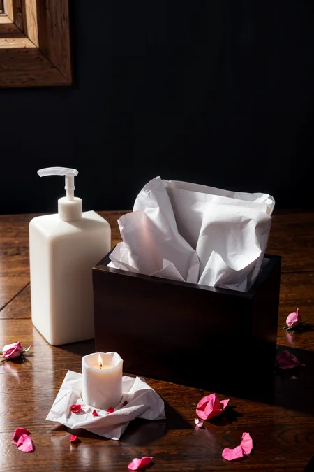 (best quality, masterpiece:1.2), hdr, no humans, moody lighting, 
,tissue, tissue box, lotion bottle, rose petals, pink, white, red, valentine theme, simple background, candle
, <lora:add_detail:1> <lora:picxer_real:1>