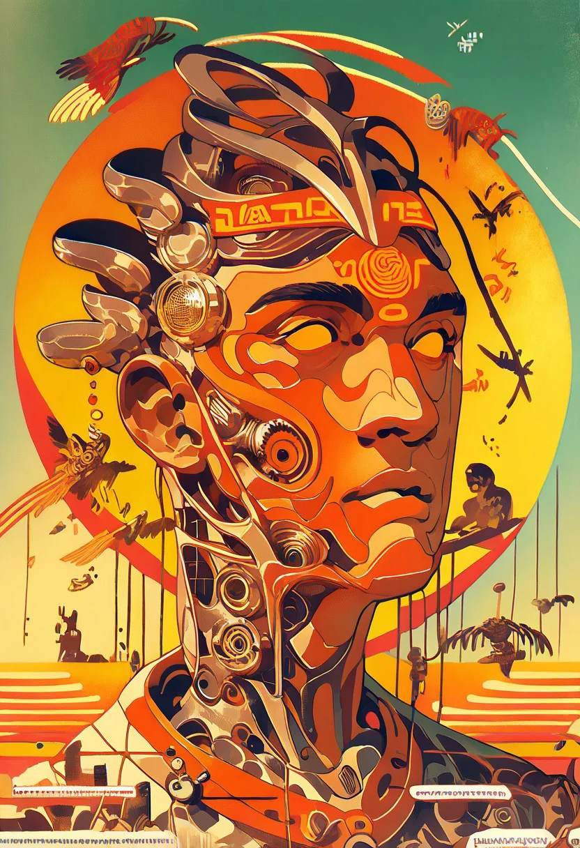 score_9_up, score_8_up, score_7_up, score_6_up, rating_safe, 1boy, ancient tribal mask, cyber, orange neon, silve metallic, city background, DonMX3n0T3chXL, did vaporwave style,split head, split face, inside head,
