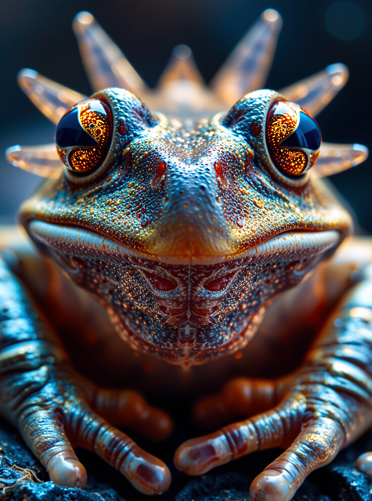 Extreme closeup, frog face, star crystal structure, intricate designs, glowing hues. Extreme depth of field, celestial light, shimmering details, otherworldly charm, majestic elegance.
