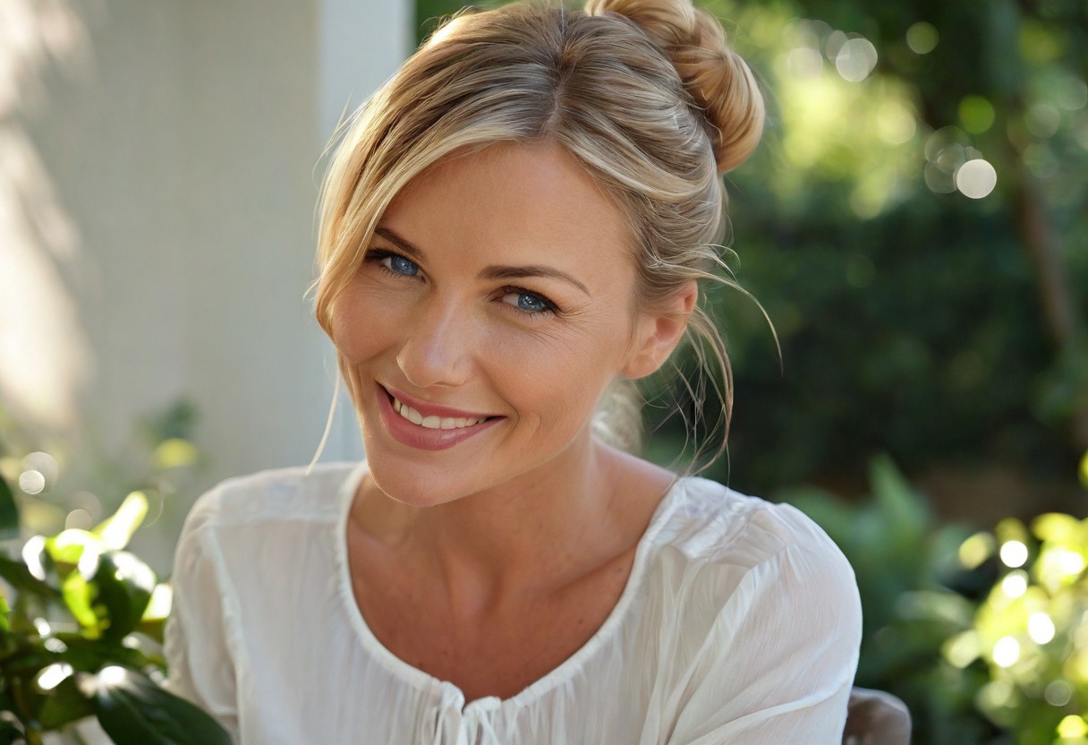 "A hyper-detailed, high-resolution (8K) close-up portrait of a 40-year-old woman with sleek blonde hair tied back in a soft bun, wearing a light, airy white blouse. Her striking blue eyes gleam with happiness, framed by delicate laugh lines that enhance her natural charm. The background is intentionally blurred, suggesting a lush garden terrace brunch—sun-dappled foliage, a wrought-iron table, and scattered morning light filtering through leaves. Shot with a Hasselblad H6D-100c medium-format camera, using a tight crop and a shallow depth of field (f/2.8) to emphasize the interplay of light on her skin and the fine strands of her hair. The lighting is natural yet sculpted, inspired by Annie Leibovitz’s ability to blend realism with ethereal beauty."