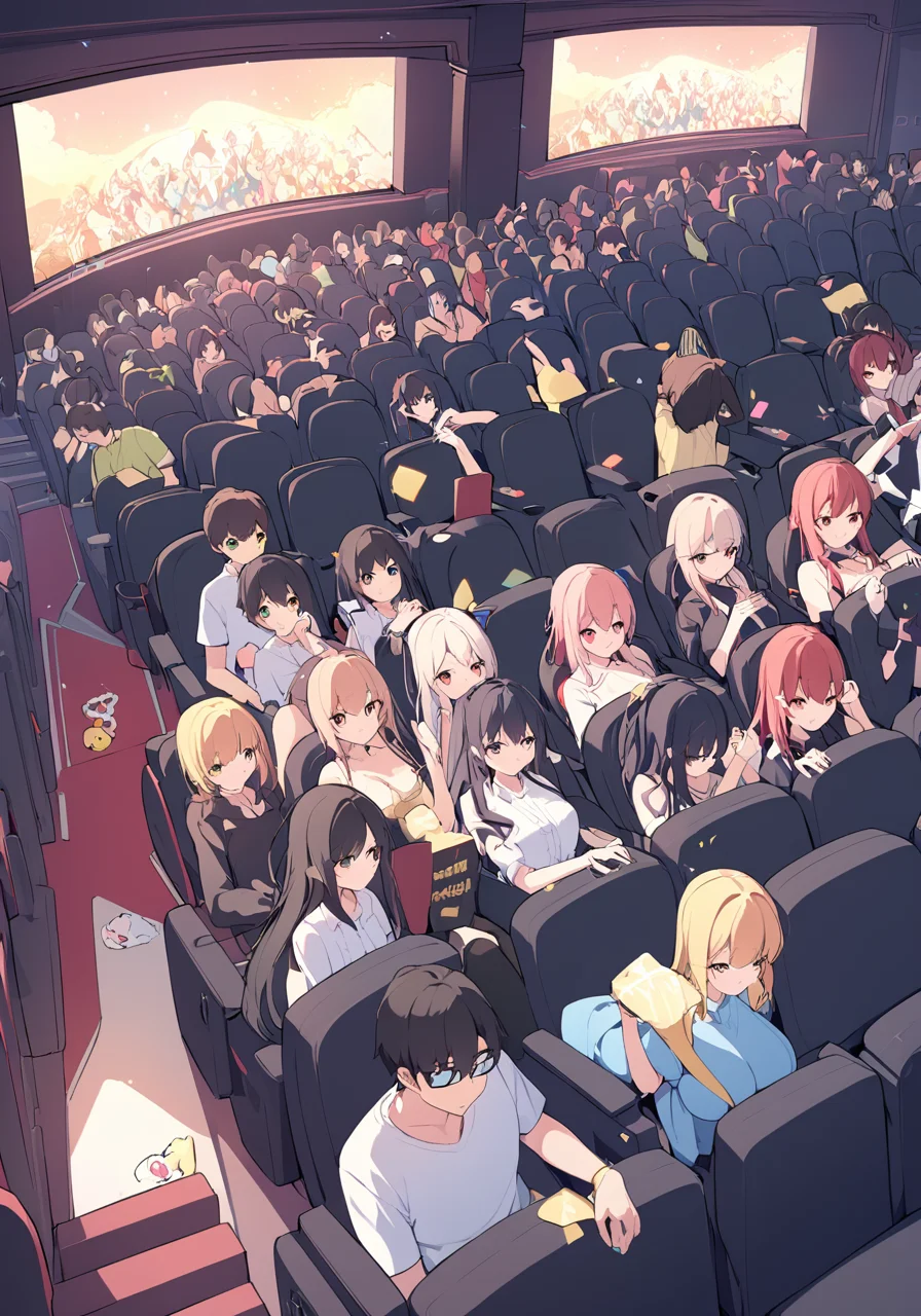 a group of people inside a movie theatre, <lora:wisosdxl:0.6>, wisosdxl, best quality, masterpiece, isometric scene, anime, cute