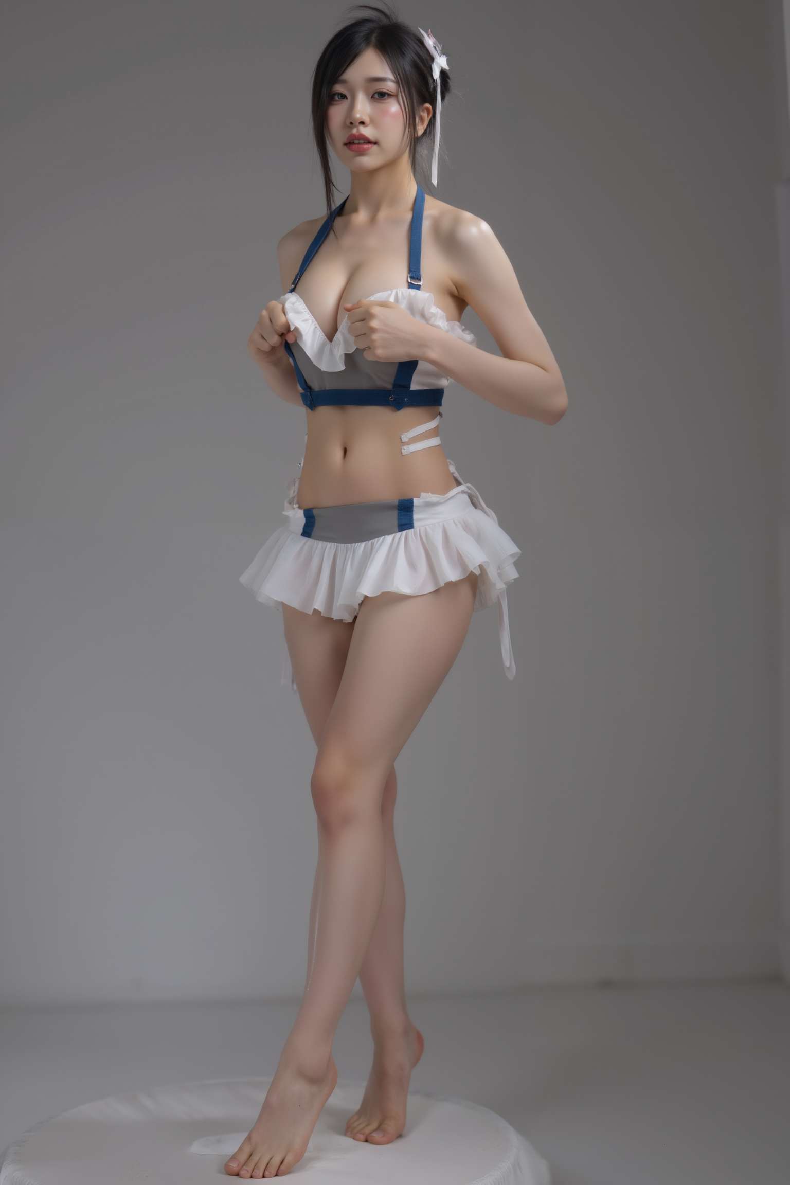 A professional, high-resolution image of a young woman is posed standing in a natural S-curve in the body silhouette. This classic posing technique creates visual interest and a sense of elegance.

She is wearing a blue and white SGWN98Clothing. Her makeup is dramatic, with dark eyeliner and bold, glossy pink lips. 

The lighting features a high-contrast, monochromatic white color scheme that creates a moody, intimate atmosphere. 

The photography technique uses what appears to be soft lighting to create a glamorous effect, with careful attention to highlighting contours while maintaining the dominant light brown color scheme throughout the frame.

The overall aesthetic combines elements of fashion photography, traditional Asian visual motifs, and contemporary boudoir styling. The dramatic light brown lighting creates a cohesive visual theme that ties all elements of the composition together.

The white light emit on her to show her feature.