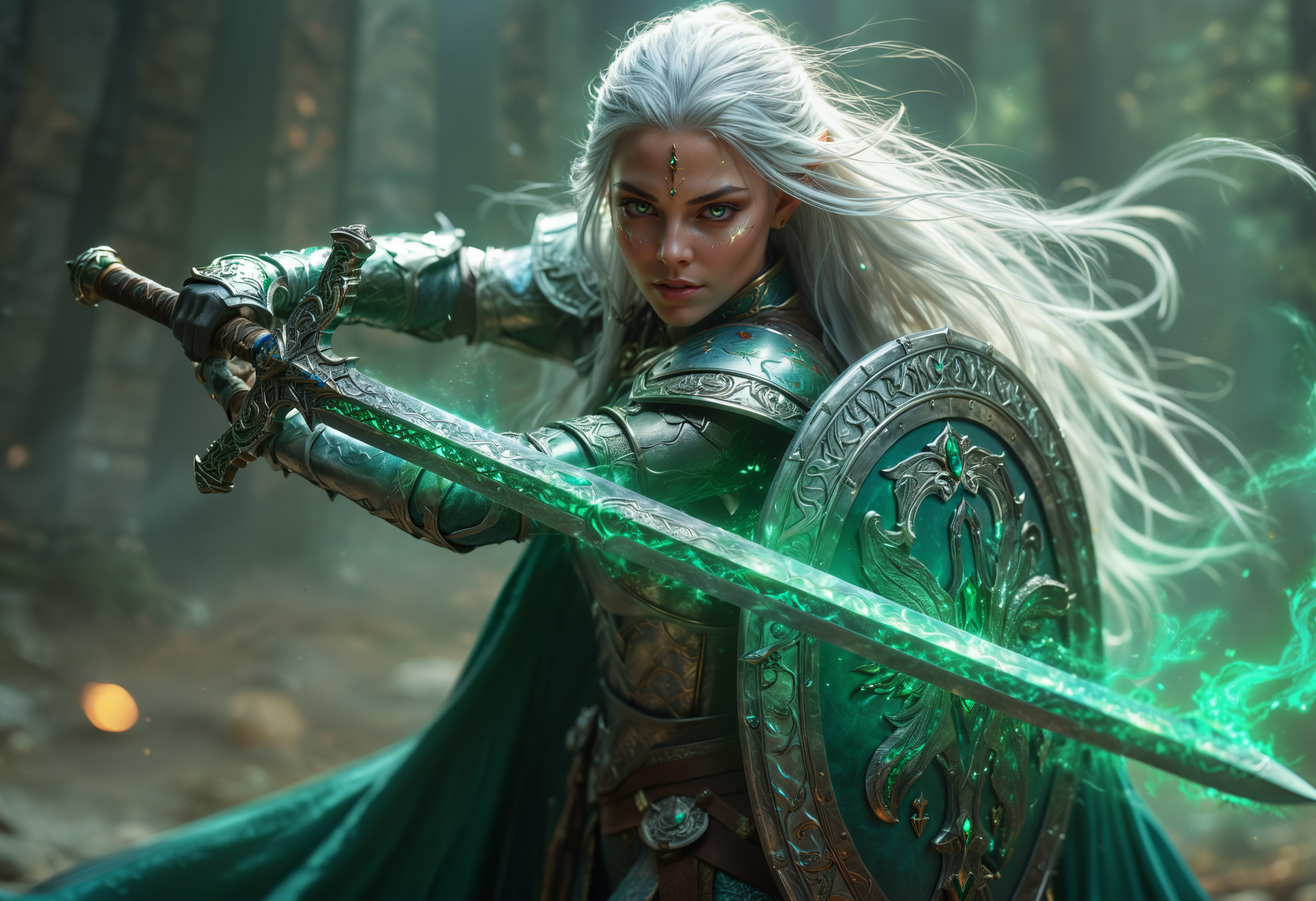 highly detailed and hyper realistic, D&D High Elves female warrior wielding a holy sword with magical glowing aura in shiny armor and shield ornate with royal Elven Crest made from silver and emeralds, long silver hair, action shot, photorealistic, epic dynamic pose, epic cinematic composition, realistic environment, soft natural color grading, volumetric lighting, ethereal light, panoramic action movie full shot
<lora:xl_more_art-full_v1:0.5> <lora:add-detail-xl:1>